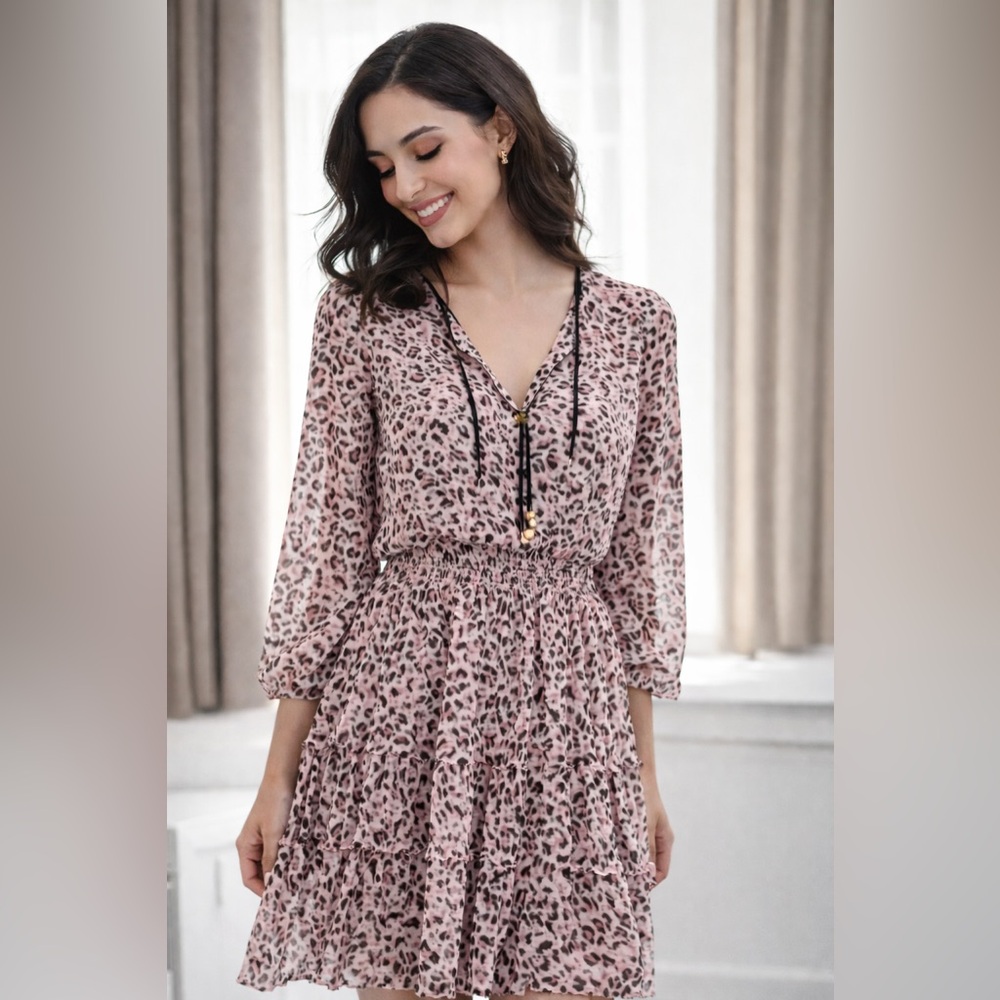 Juicy Couture Dusty Pink Leopard Long Sleeve Dress Size:S